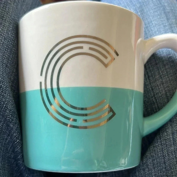 Modern Expressions Monogram Golden C Coffee Tea Soup Mug Turquoise White - Picture 1 of 11